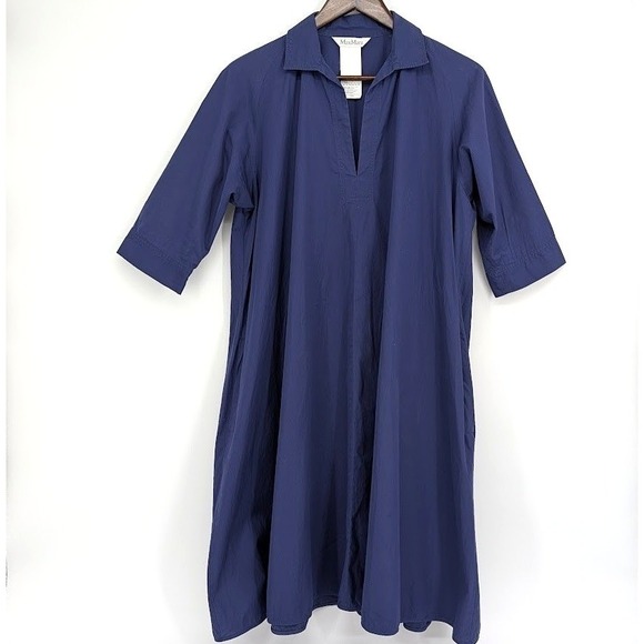 MaxMara Dresses & Skirts - Max Mara Navy Blue Cotton Poplin Tunic Shirtdress Split Neck Pockets Sz 6
